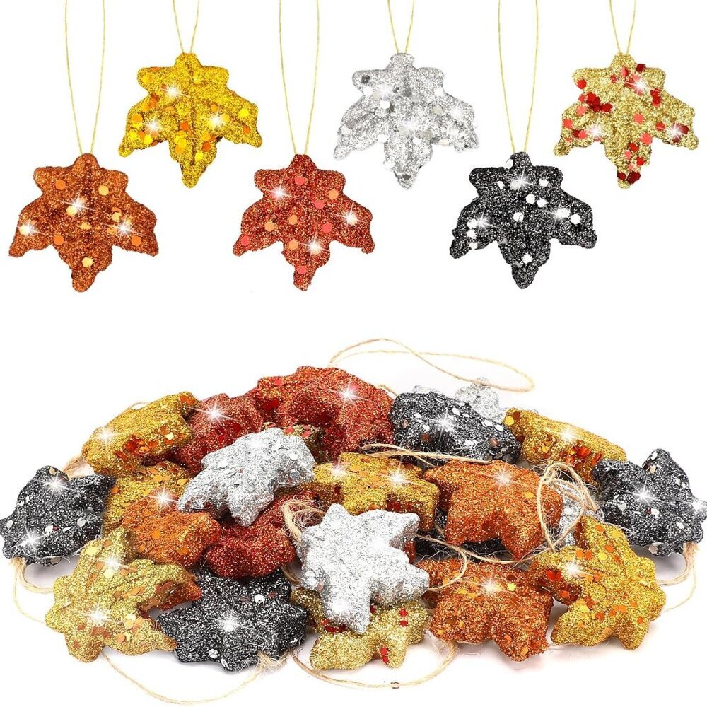 24 Pcs Thanksgiving Glitter Maple Leaves Colorful Foam Maple Ornaments Mini Hang